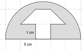 Det skraverte området er en halvsirkel med diameter 5 cm minus to like kvadrater og to like rettvinklede trekanter. Kvadratene har sidelengde 1 cm, og trekantene har lengde 1 cm på begge katetene.